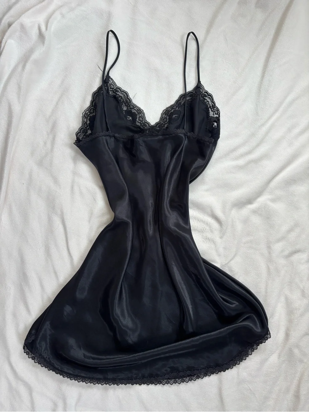 Vintage Sears Inner Most Black Satin Slip Chemise with Lace Trim - Picture 2 of 6